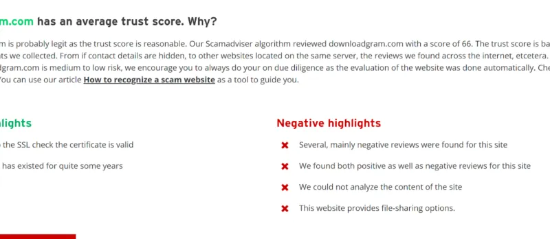 Screenshot of ScamAdviser rating for DownloadGram website.
