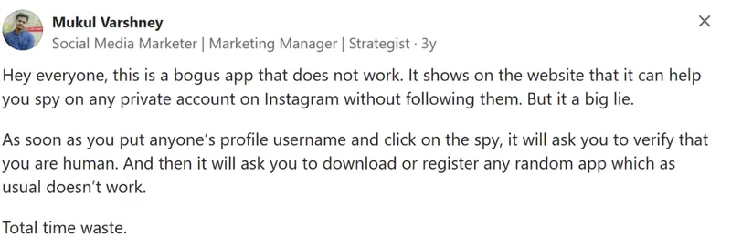 Screenshot showing a negative review Screenshot showing a negative review