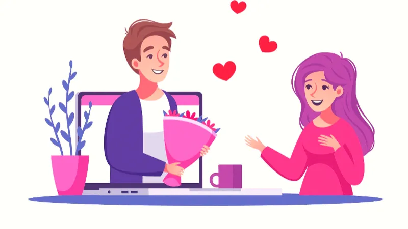 A drawing of a man and a woman together, with heart icons above them