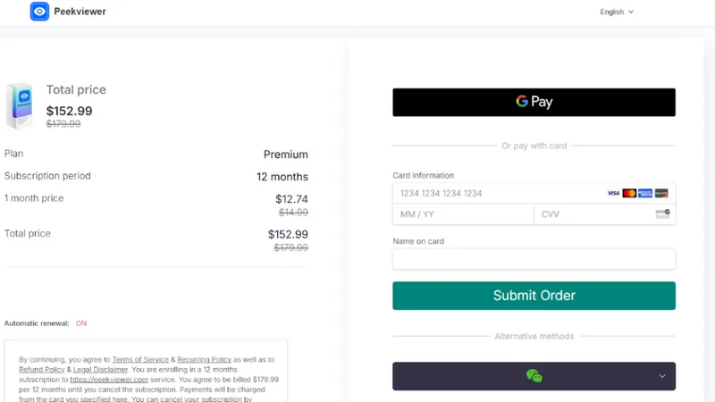 Entering your payment details to complete the subscription