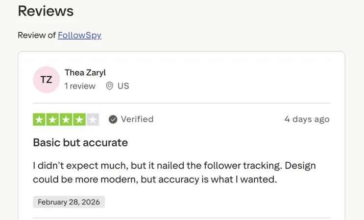 Screenshot Trustpilot review for Followspy Screenshot Trustpilot review for Followspy