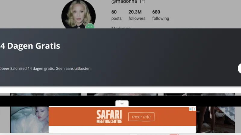 Screenshot of Madonna’s Instagram account on GramSnap, with multiple ads covering the content.