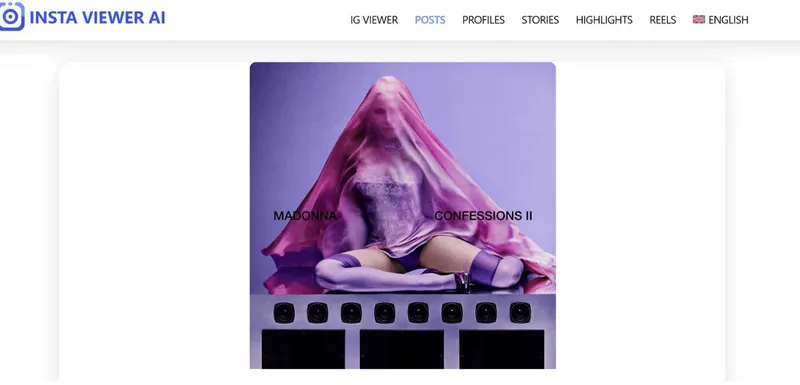 Screenshot showing a single image of Madonna on Insta Viewer AI