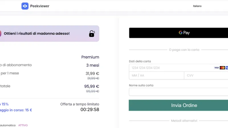 Creare un account con Peekviewer: inserire i dati della carta di credito