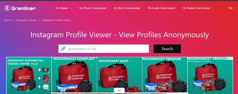 The GramSnap main page displaying multiple ads