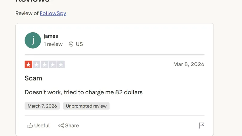 Screenshot of a negative Trustpilot review of FollowSpy.