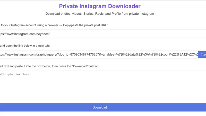 Screenshot showing the step-by-step process of using SnapInsta to download private Instagram content.