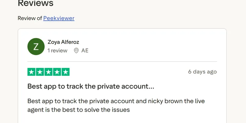 Screenshot of a positive Trustpilot review for Peekviewer