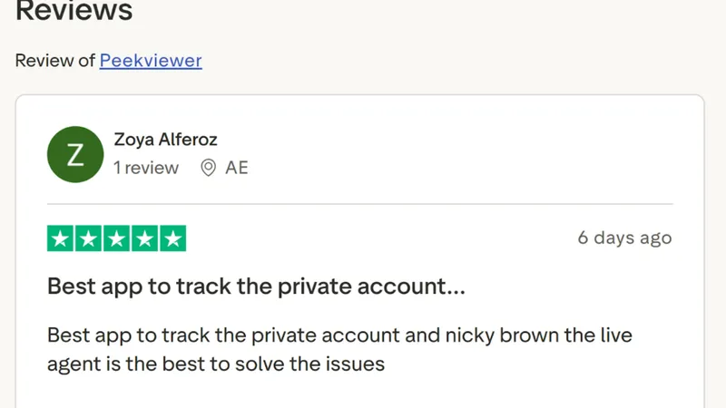 Screenshot of a positive Trustpilot review for Peekviewer