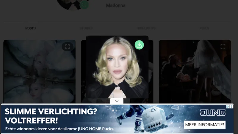 Screenshot of Madonna’s Instagram photo on GramSnap with the download button visible and many ads covering the page.