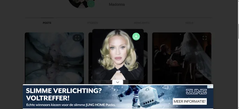Screenshot of Madonna’s Instagram photo on GramSnap with the download button visible and many ads covering the page.
