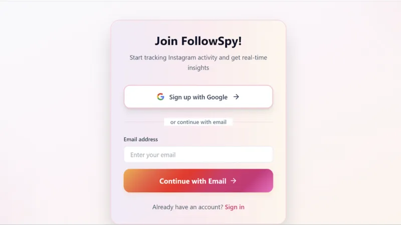 Registration page showing an email field for account sign-up.