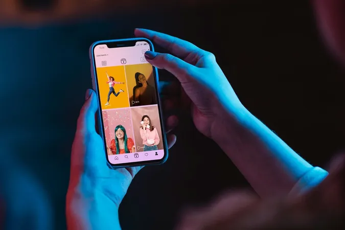 Woman holds phone and look Instagram photo
