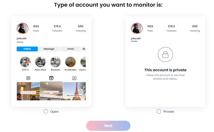 choose a type of account for the instagram tagged photos viewer