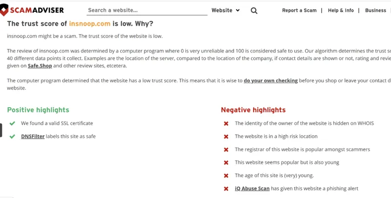 Screenshot showing the trust score of insnoop.com on ScamAdviser Screenshot showing the trust score of insnoop.com on ScamAdviser