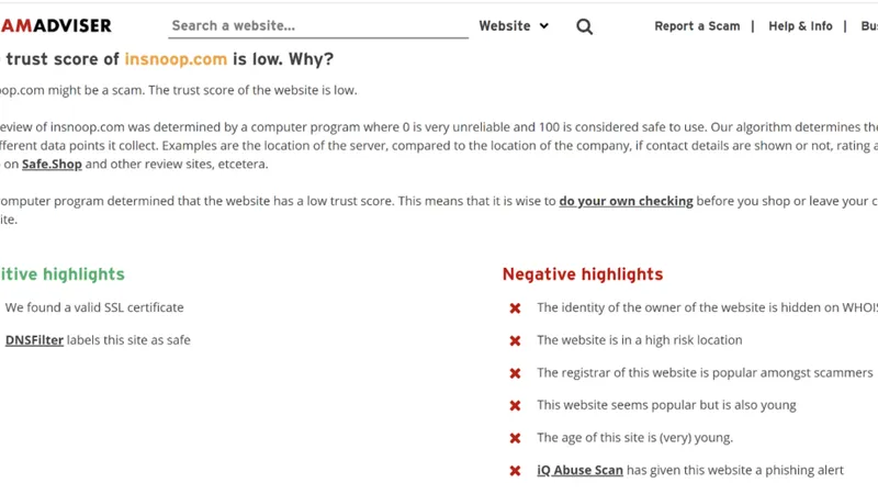 Screenshot showing the trust score of insnoop.com on ScamAdviser