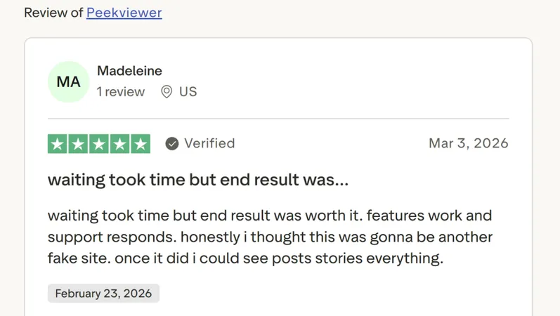 Screenshot of a positive Trustpilot review for Peekviewer Screenshot of a positive Trustpilot review for Peekviewer