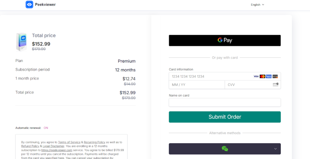 Entering your payment details to complete the subscription