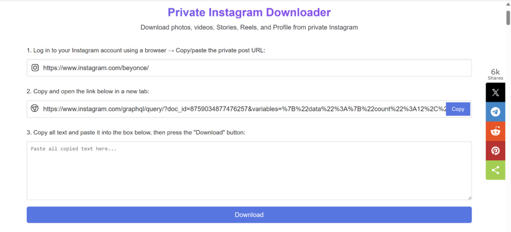 Screenshot showing the step-by-step process of using SnapInsta to download private Instagram content.