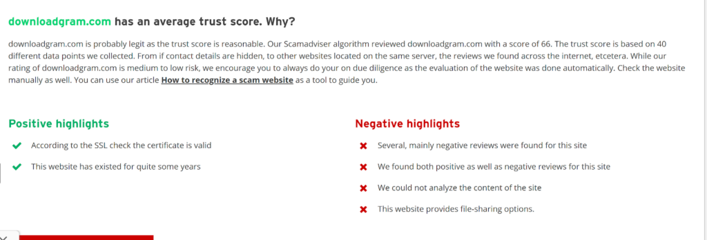 Screenshot of ScamAdviser rating for DownloadGram website.