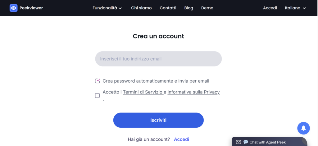 Come usare Peekviewer: creare un account