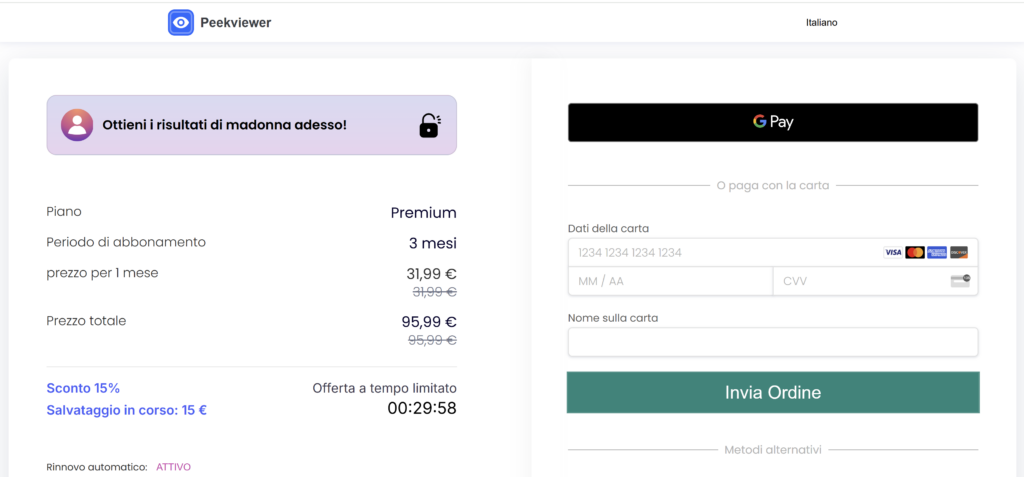 Creare un account con Peekviewer: inserire i dati della carta di credito
