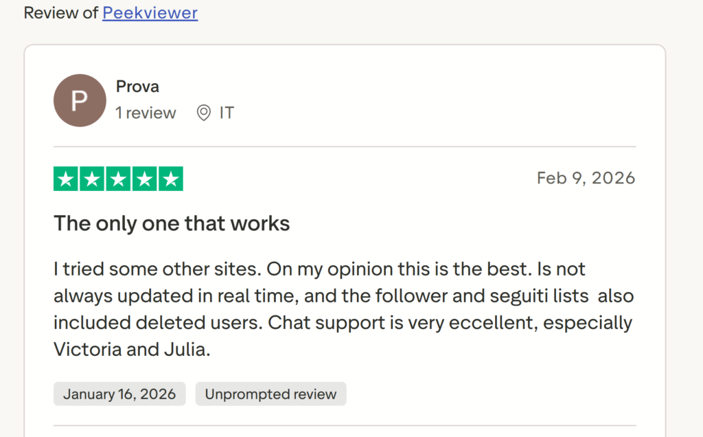 Screenshot of a positive Trustpilot review for Peekviewer