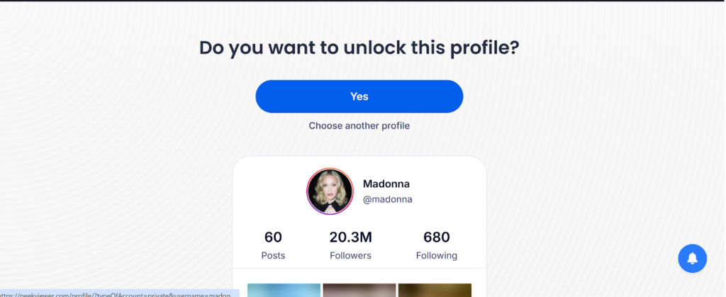 Screenshot showing Madonna’s Instagram account on Peekviewer, allowing you to confirm it is the correct profile.