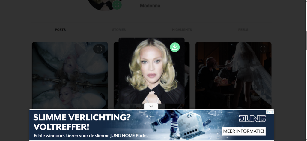 Screenshot of Madonna’s Instagram photo on GramSnap with the download button visible and many ads covering the page.