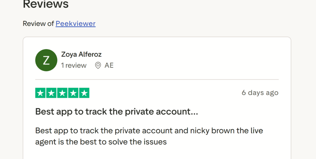 Screenshot of a positive Trustpilot review for Peekviewer
