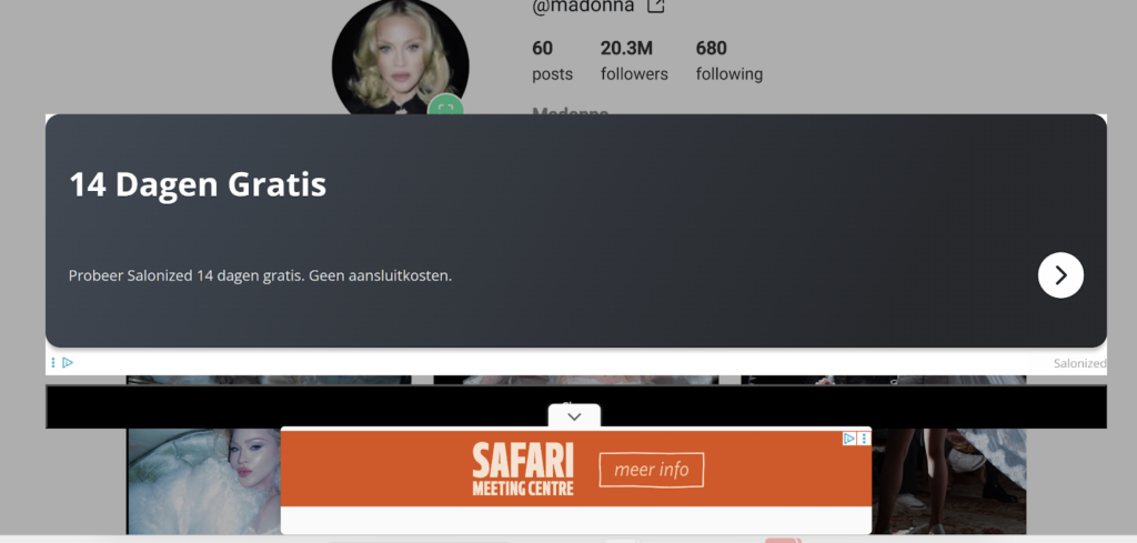 Screenshot of Madonna’s Instagram account on GramSnap, with multiple ads covering the content.