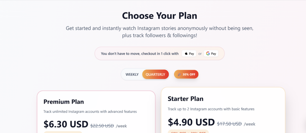 Pricing page showing different subscription plans to choose from.