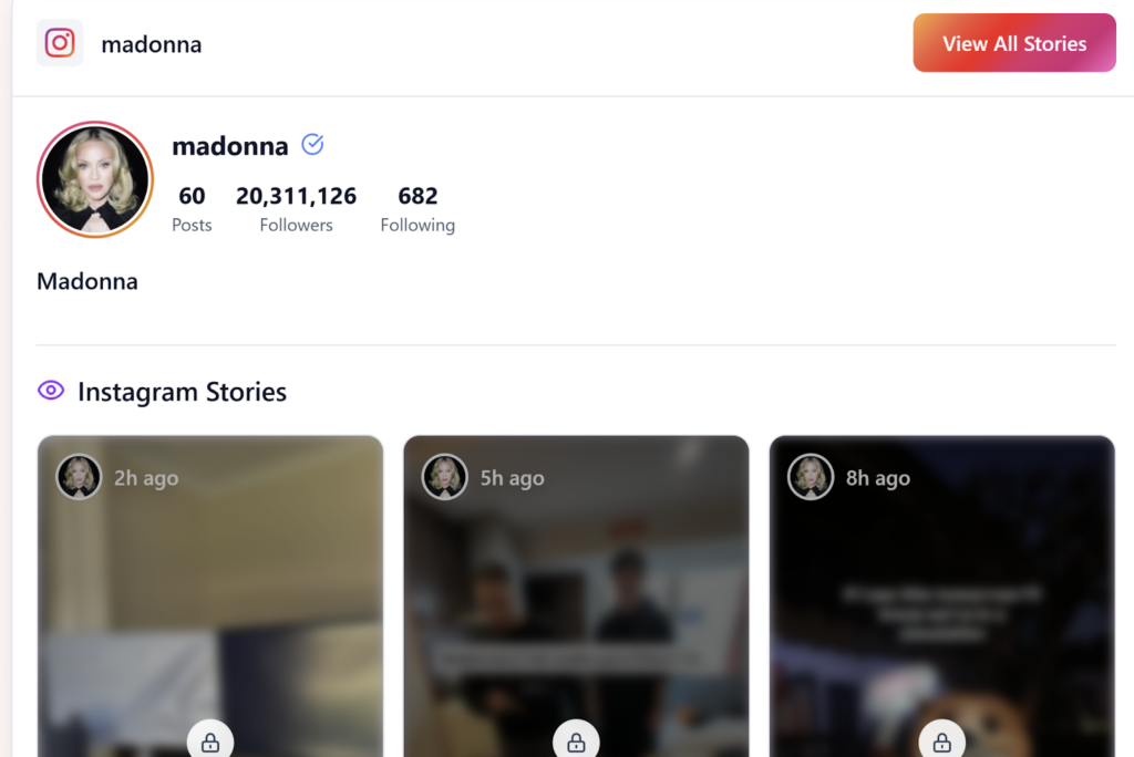 Madonna’s Instagram profile with all content locked.