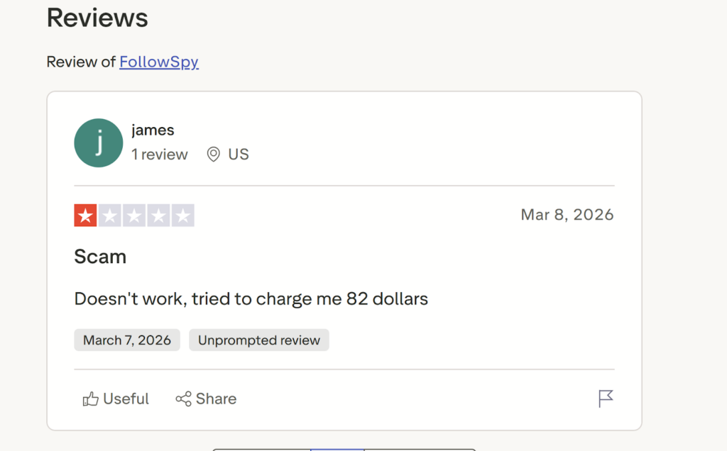 Screenshot of a negative Trustpilot review of FollowSpy.