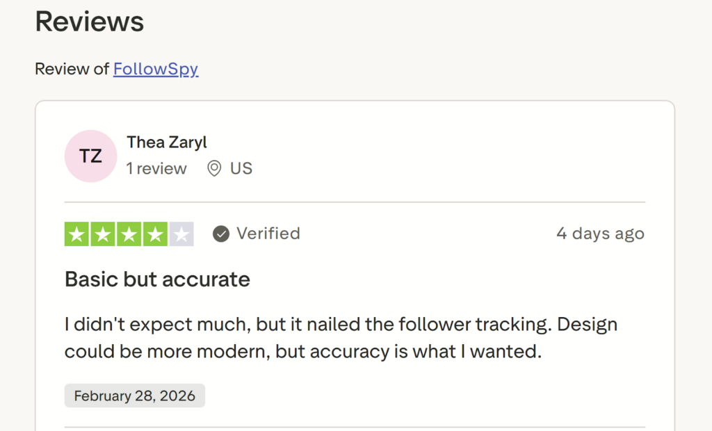 Screenshot Trustpilot review for  Followspy